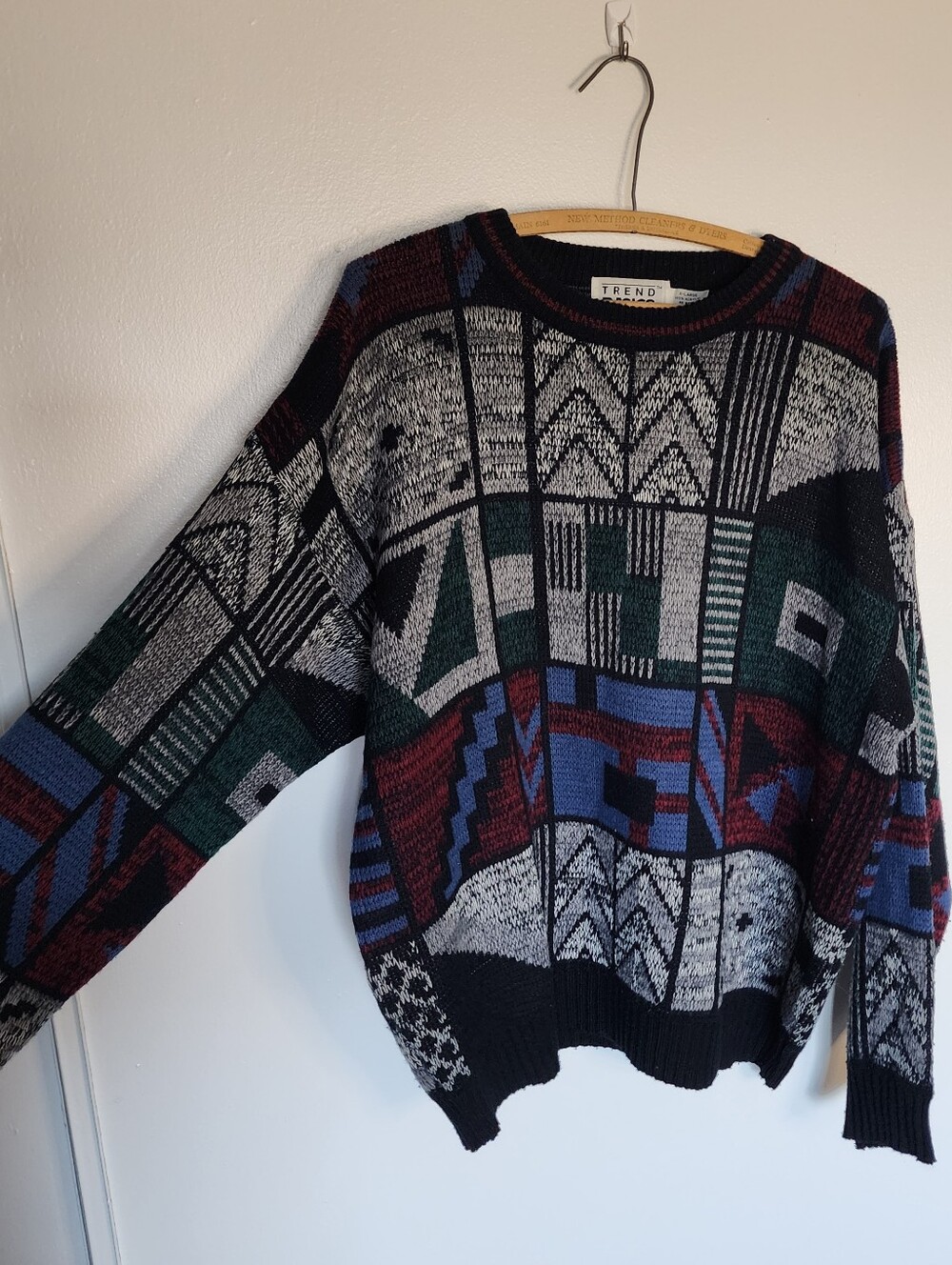 Vintage 1990s Sweater Impact Geometric Crew Neck XL Acrylic Blue Green Red Knit